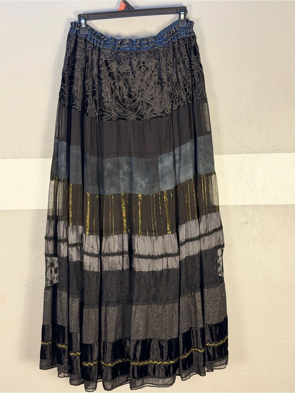 Monroe & Main Bohemian Black Tiered Maxi Skirt with Gold Accents - Picture 11 of 13